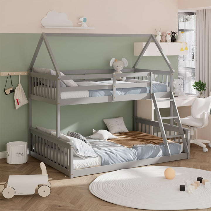 Giantex Twin Over Full House Bunk Bed, Floor Low Bunk Bed Frame w/Integrated Ladder &amp; Safety Guardrails
