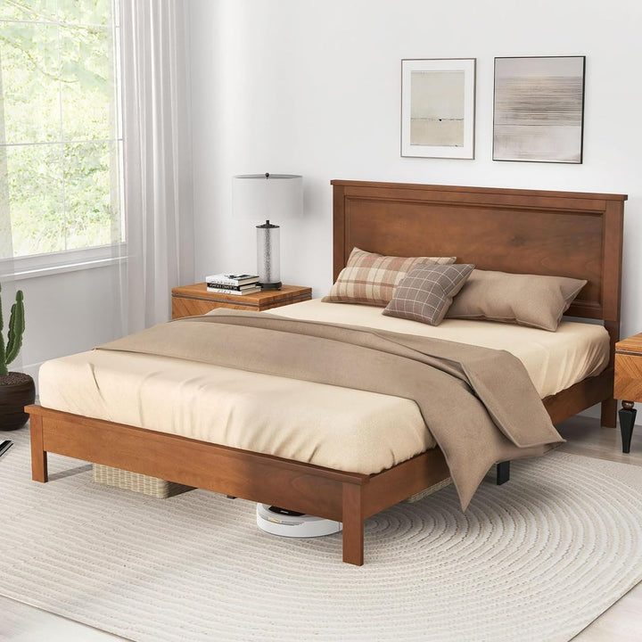 Queen/Full/Twin Size Platform Bed w/ Rubber Wood Legs &amp; Integrated Headboard | Wooden Bed Frame