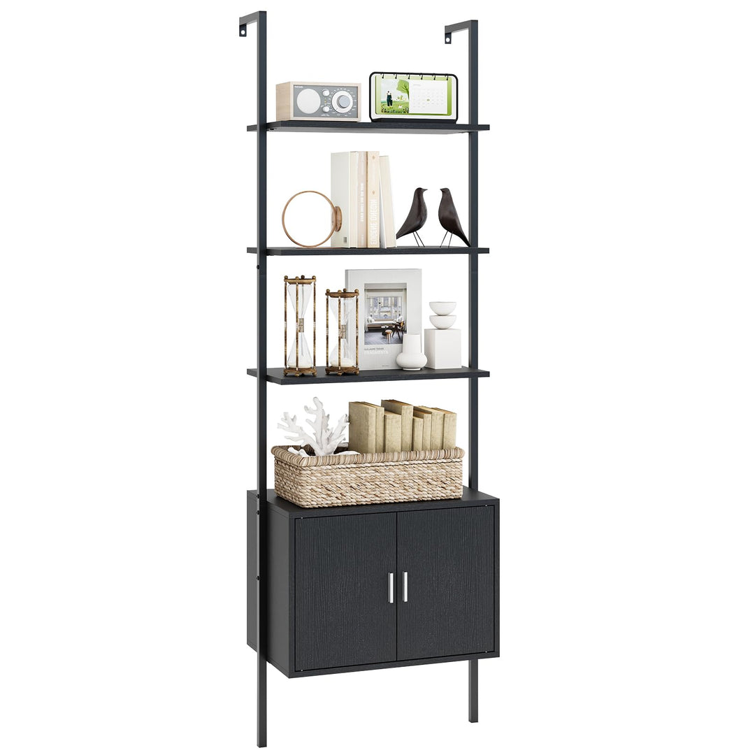 Giantex 5-Tier Wall-Mounted Ladder Shelf 72.5" Tall Bookshelf w/ 2-Door Cabinet