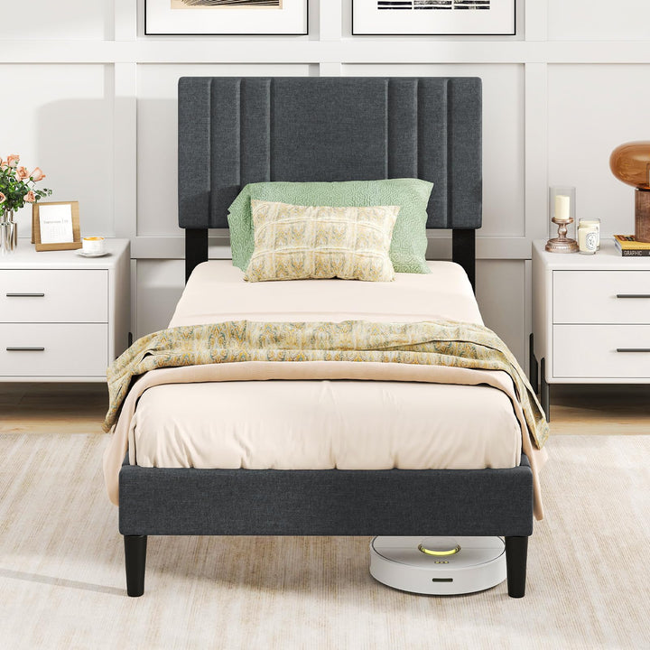 Giantex Queen/Full/Twin Size Modern Upholstered Platform Bed Frame with Vertical Channel Tufted Headboard