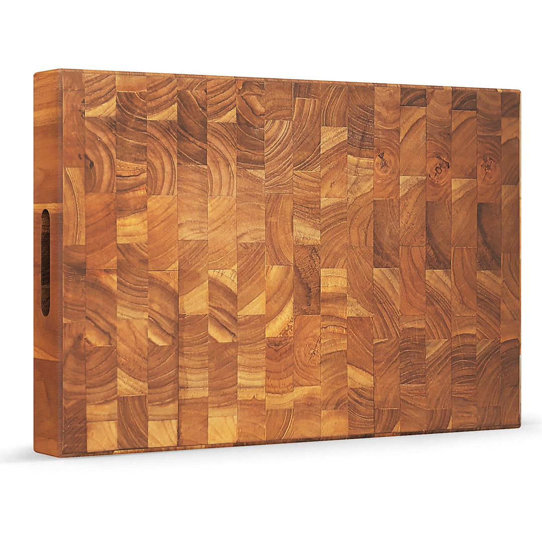 Giantex Teak Wood Cutting Board, 18" End Grain Chopping Block with Hand Grip, Pre-Conditioned With Natural Waxes &amp; Oils