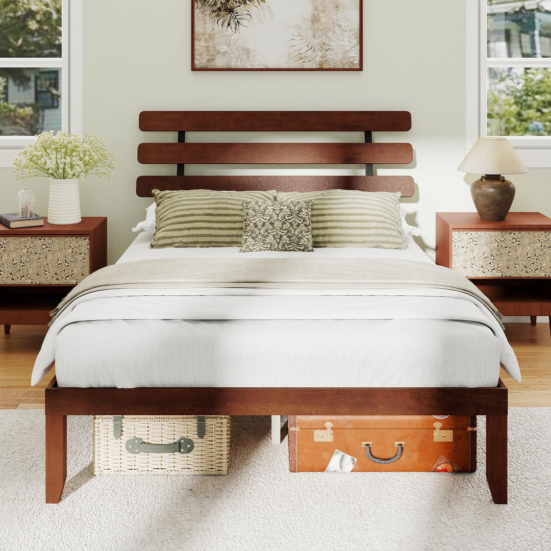 Giantex Queen/Full/Twin Size Platform Bed with Retro Headboard Mid Century Modern Bed Frame with Wood Slat Support