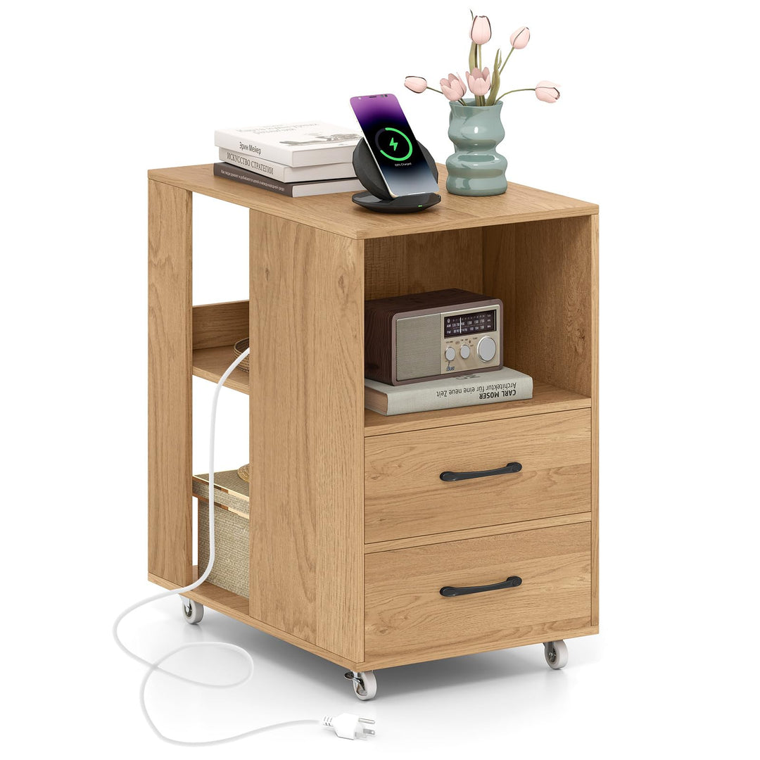 Giantex End Table with Charging Station - Night Stand on Wheels