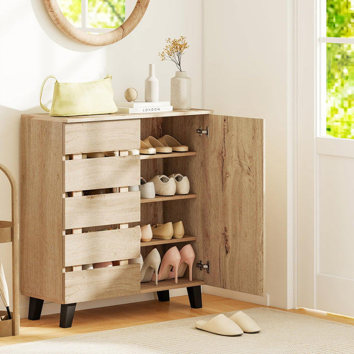 Giantex 4-Tier Farmhouse Shoe Rack Cabinet with 2 Slatted Doors &amp; Removable Shelves