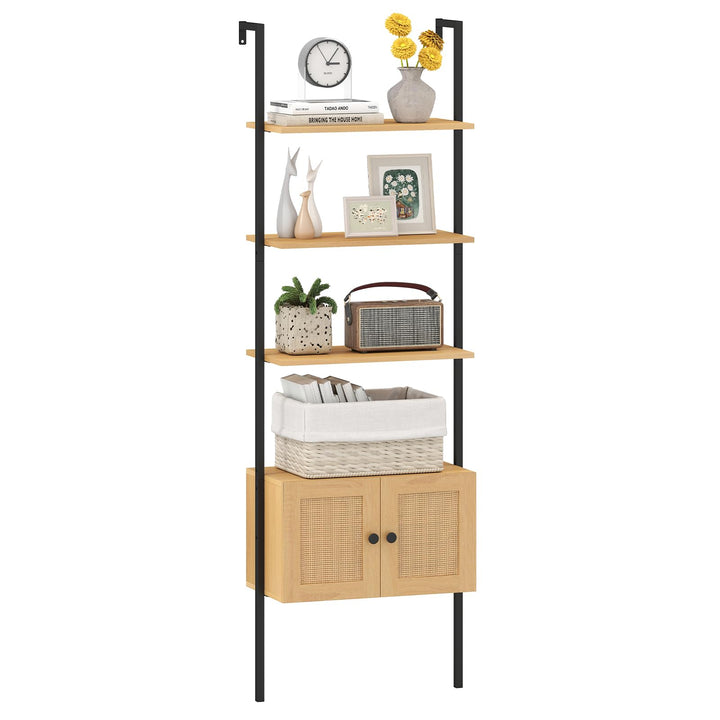 Giantex 72.5" Tall Wall-Mounted 5-Tier Ladder Bookcase with Rattan Cabinet