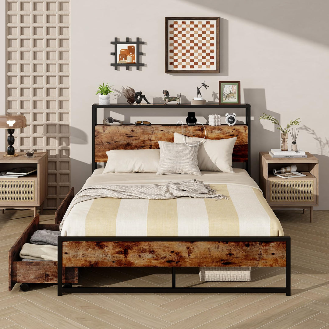 Giantex Queen/Full Size Bed Frame with 2-Tier Storage Headboard