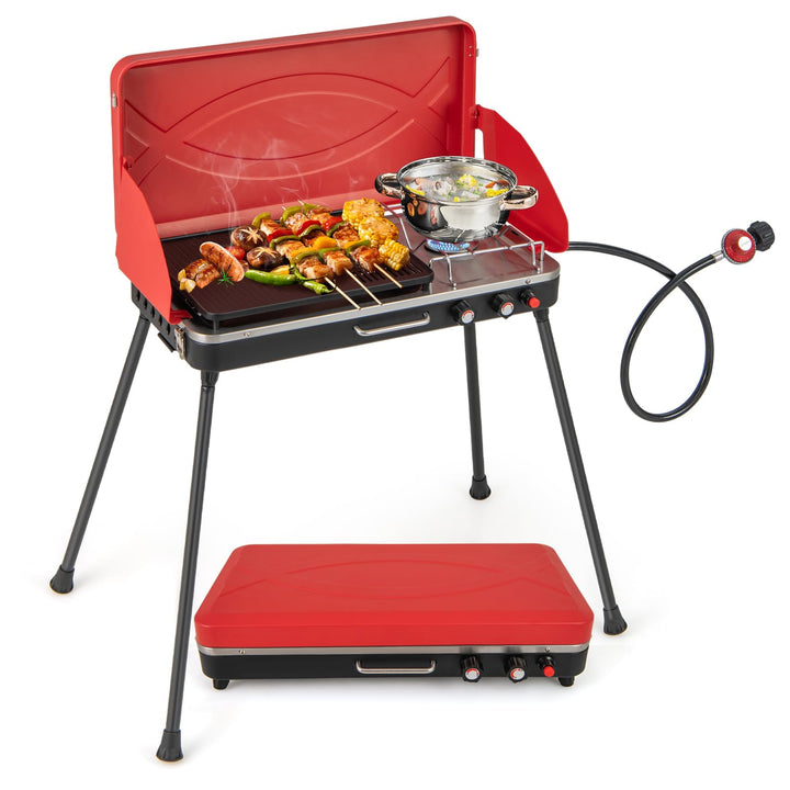 Giantex 2-in-1 Gas Camping Grill and Stove, Portable Propane Grill Burner, Gas Hose with Regulator, 20,000 Total BTUs
