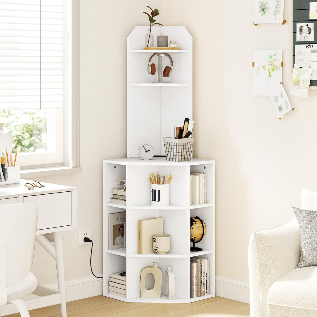 Giantex 6-Tier Corner Shelf with Charging Station, 63" Tall Corner Bookshelf with 2 USB Ports &amp; 2 Outlets