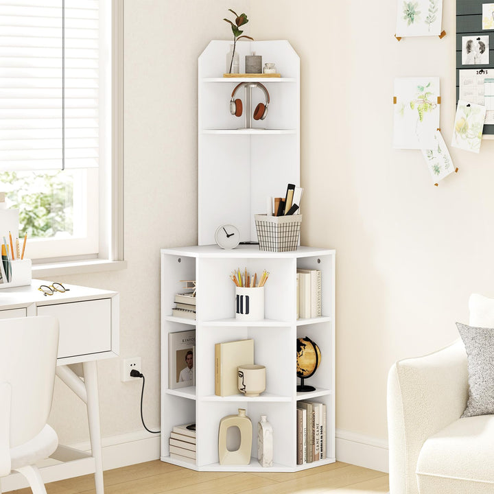 Giantex 6-Tier Corner Shelf with Charging Station, 63" Tall Corner Bookshelf with 2 USB Ports &amp; 2 Outlets