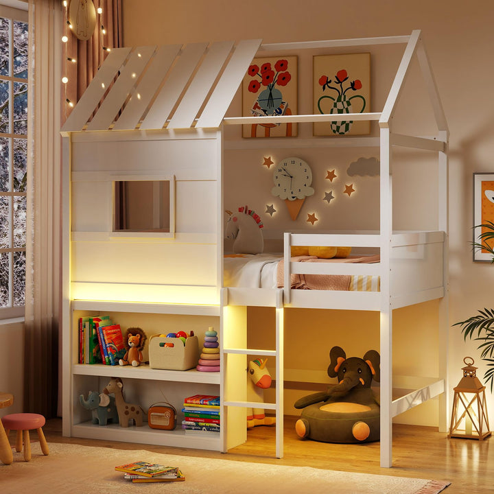 Giantex Twin Size Loft Bed with LED Lights Roof Window and Storage Bookshelf
