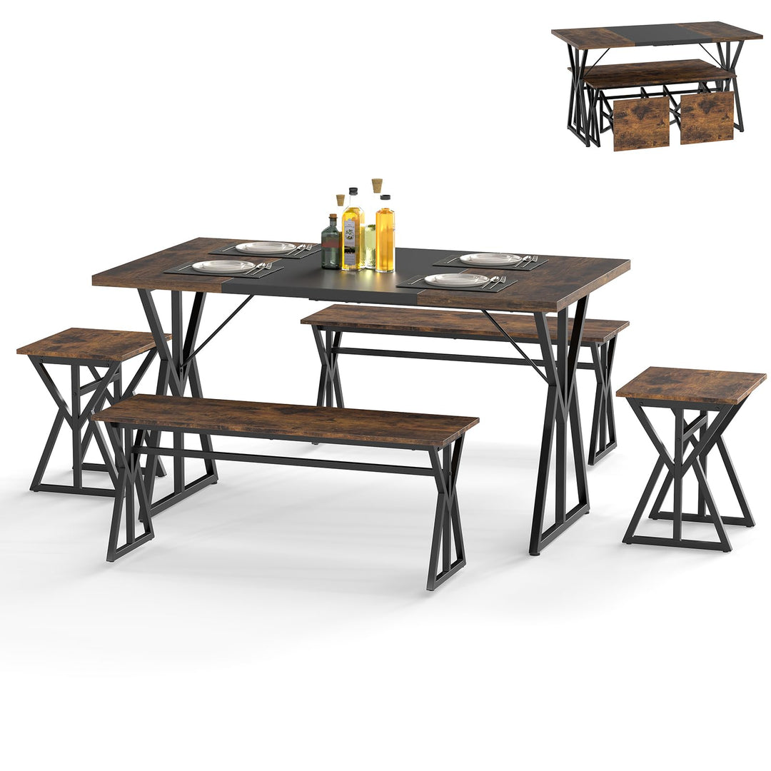 Giantex 55" Kitchen Table with 2 Benches &amp; 2 Stools with X-Shaped Metal Frame