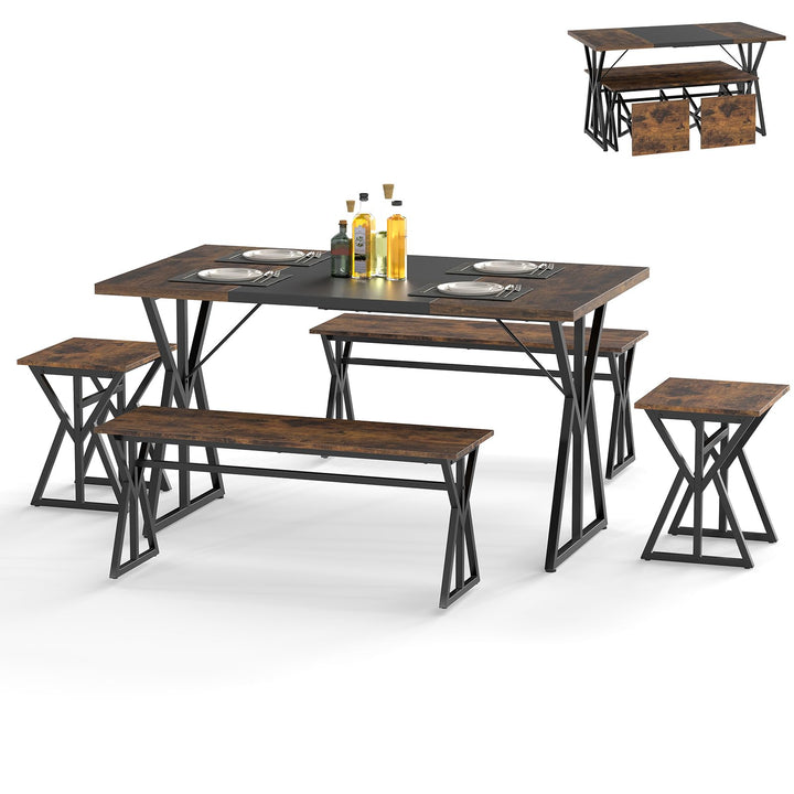 Giantex 55" Kitchen Table with 2 Benches &amp; 2 Stools with X-Shaped Metal Frame