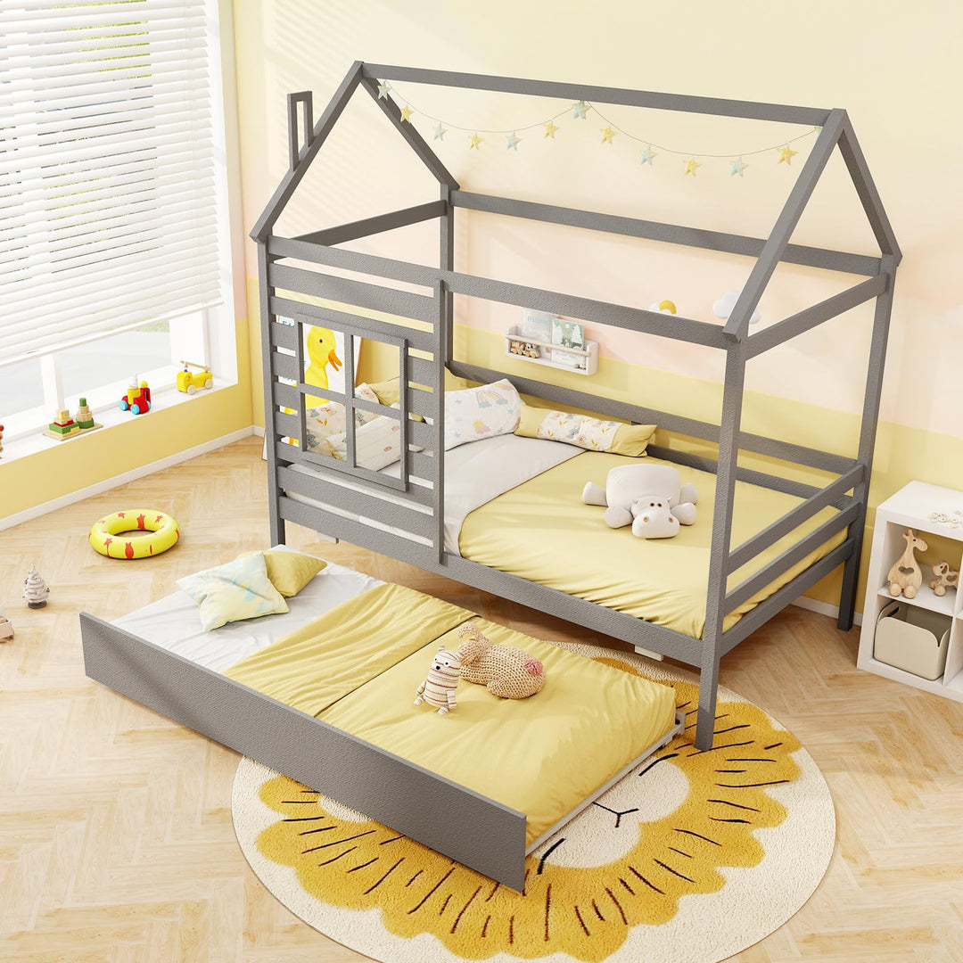 Giantex Twin House Bed with Trundle Bed Twin, Wooden Twin Bed Frames with Roof, Chimney &amp; Window