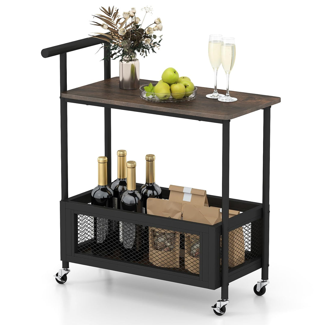 Giantex Rolling End Table with Handle 2-Tier Sofa Side Table with Open Shelf &amp; Mesh Basket