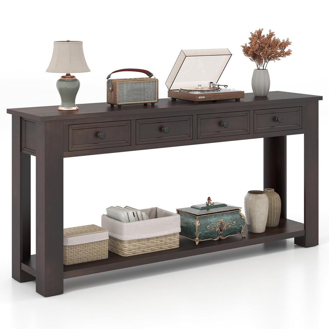 Giantex 63" Farmhouse Entryway Table, Narrow Console Table w/ 4 Storage Drawers &amp; Open Shelf