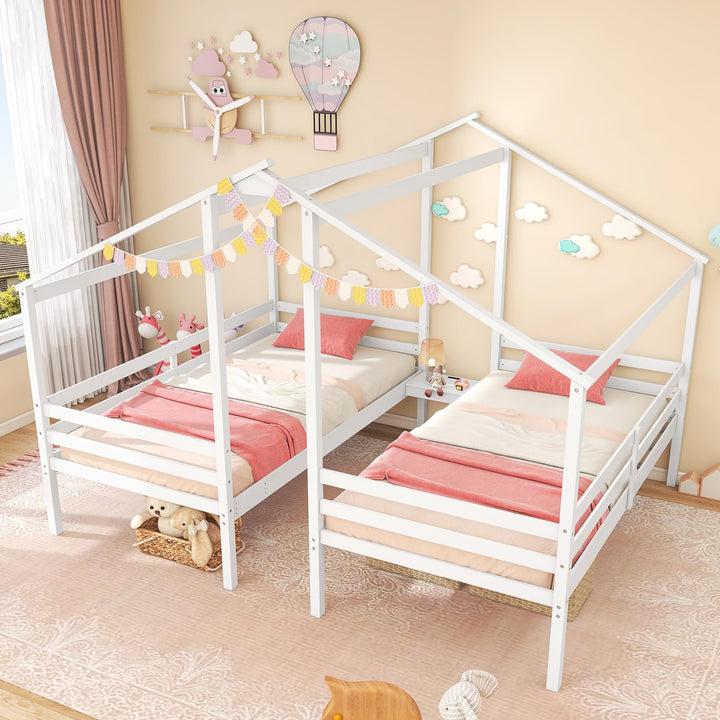 Giantex Double Twin Bed Frames for Kids, Wood House Shaped Platform with Built-in Nightstand &amp; USB Port