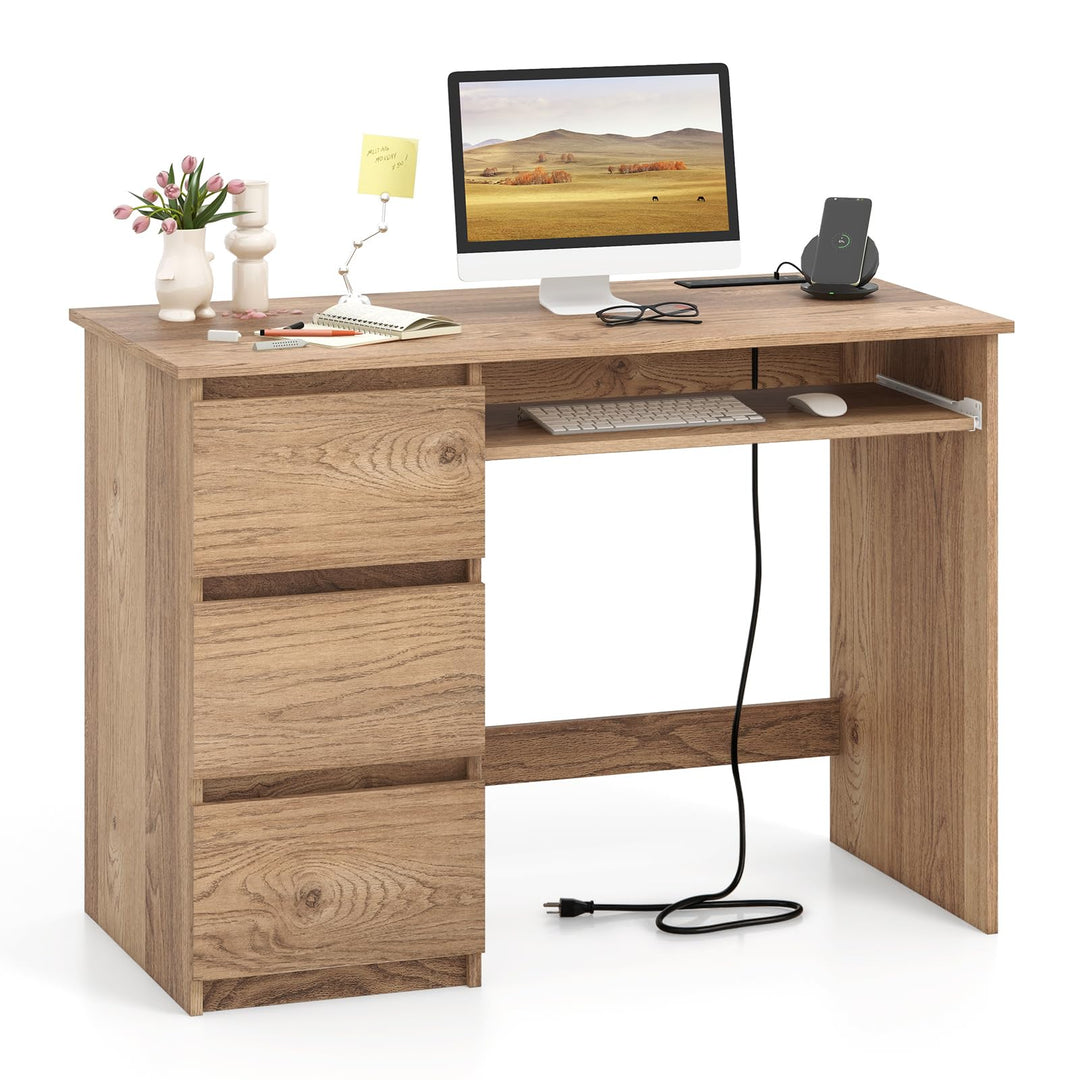 Giantex Computer Desk with Power Outlet, Modern Office Desk with Keyboard Tray &amp; 3 Large Drawers