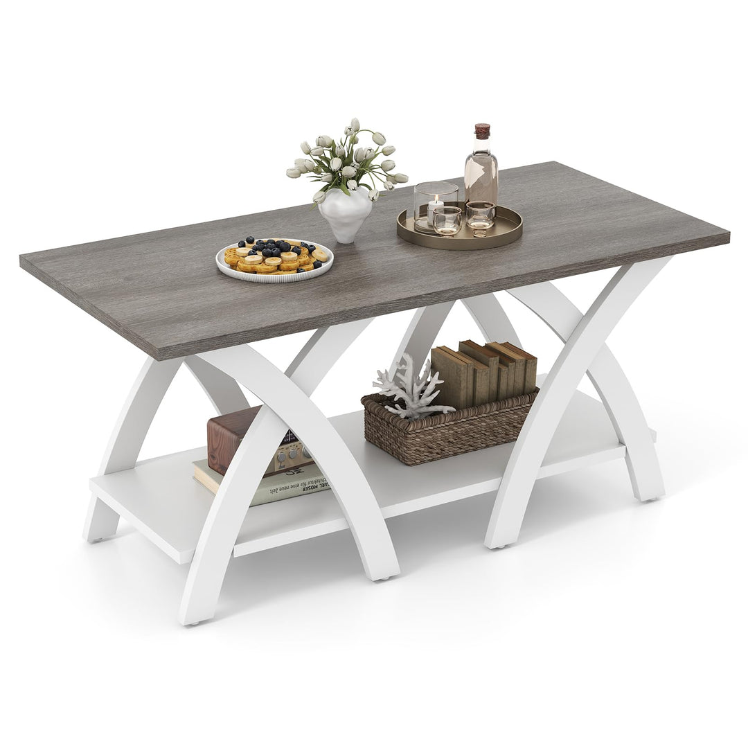 Giantex Farmhouse Coffee Table 2-Tier Wood Center Table with Storage Shelf &amp; X-Shaped Support Legs