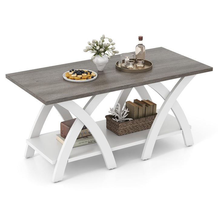 Giantex Farmhouse Coffee Table 2-Tier Wood Center Table with Storage Shelf &amp; X-Shaped Support Legs