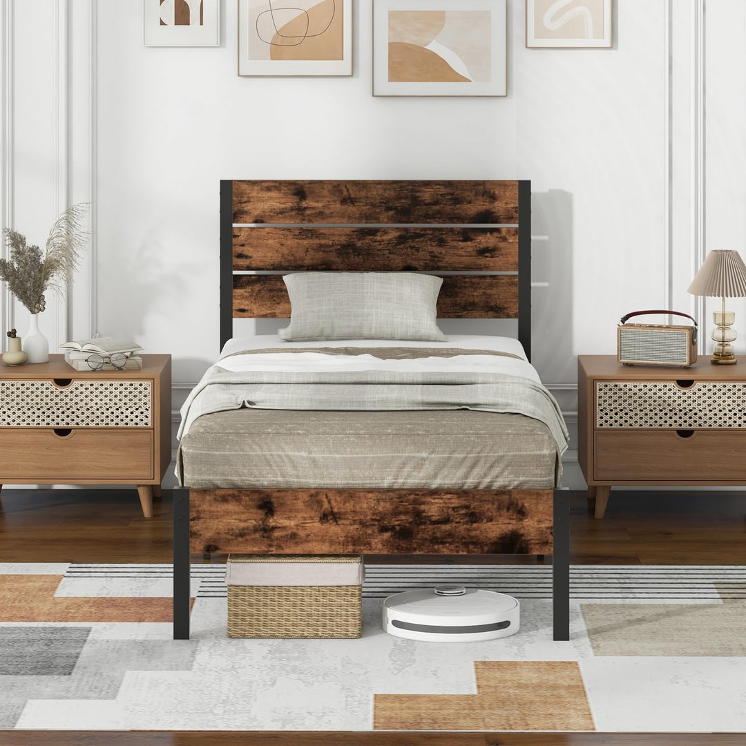 Giantex King/Queen/Full/Twin Size Metal Platform Bed Frame, Industrial Bed Frames with Wood Headboard