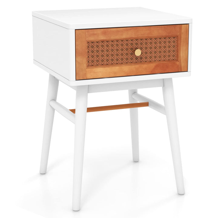Giantex Rattan Nightstand, Boho End Side Table with Rattan Decorated Storage Drawer &amp; Solid Wood Legs