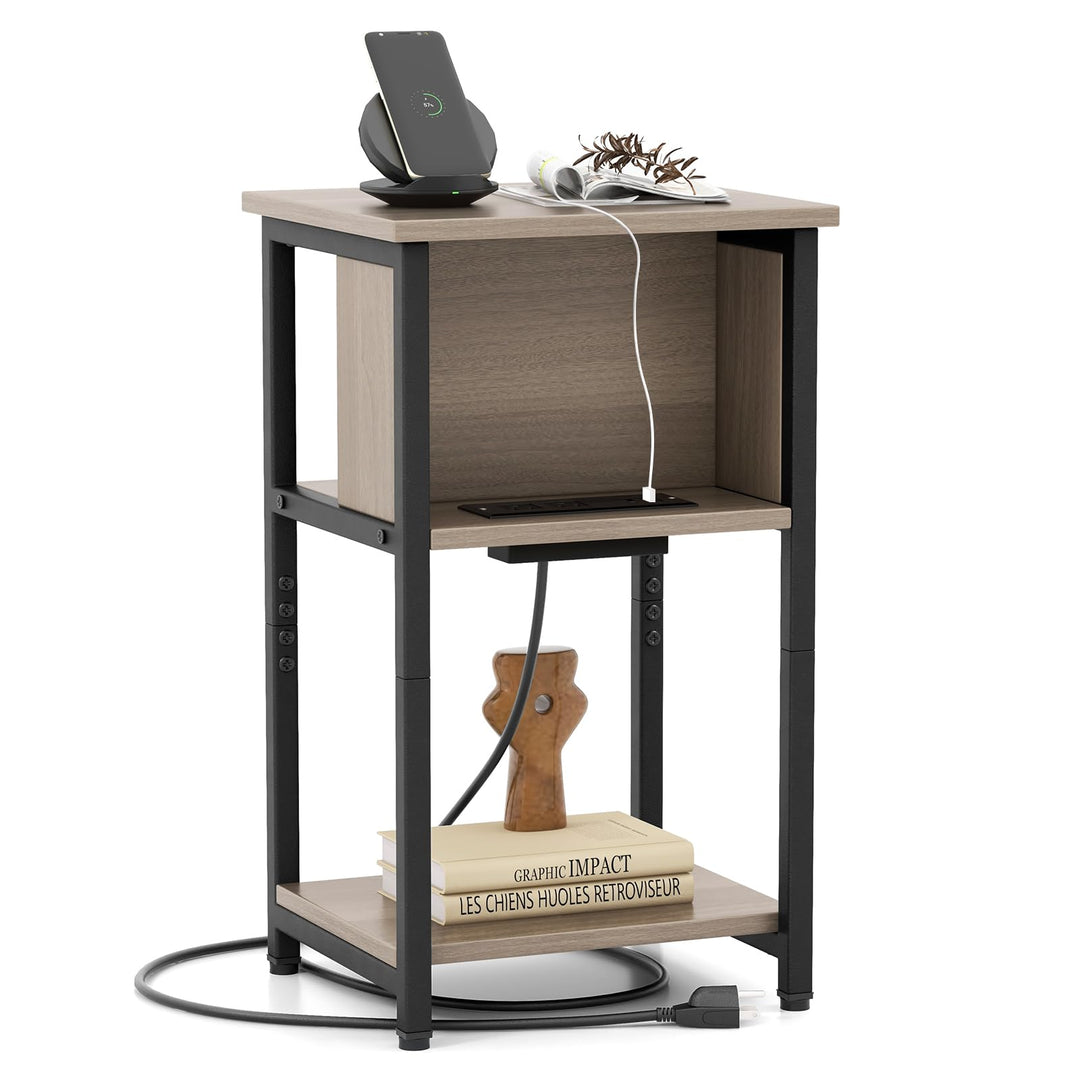 Giantex Nightstand with Charging Station, 3-Tier End Table with USB Ports &amp; Power Outlets