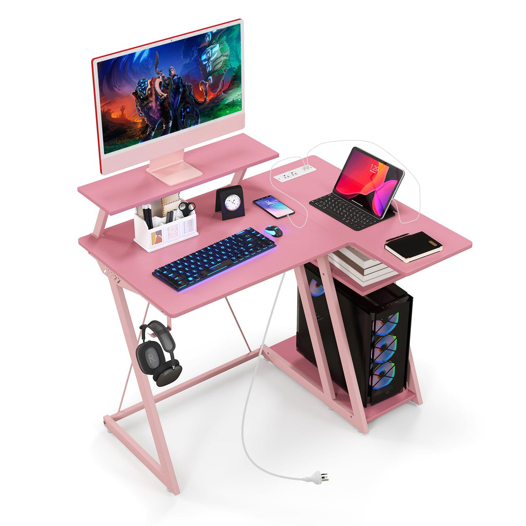 Giantex L Shaped Gaming Desk with Outlets &amp; USB Ports, Small Computer Desk with Monitor Shelf