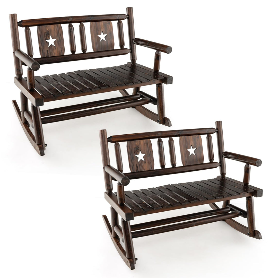 Giantex Outdoor Rocking Bench, Patio Loveseat Rocker for 2 w/Ergonomic Back &amp; Log Arms, Carbonized Fir Wood Frame