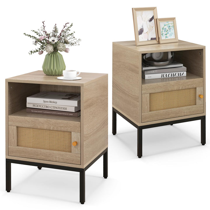 Giantex Rattan Nightstand, Boho Night Stand with Open Storage Shelf &amp; Rattan Decorative Door