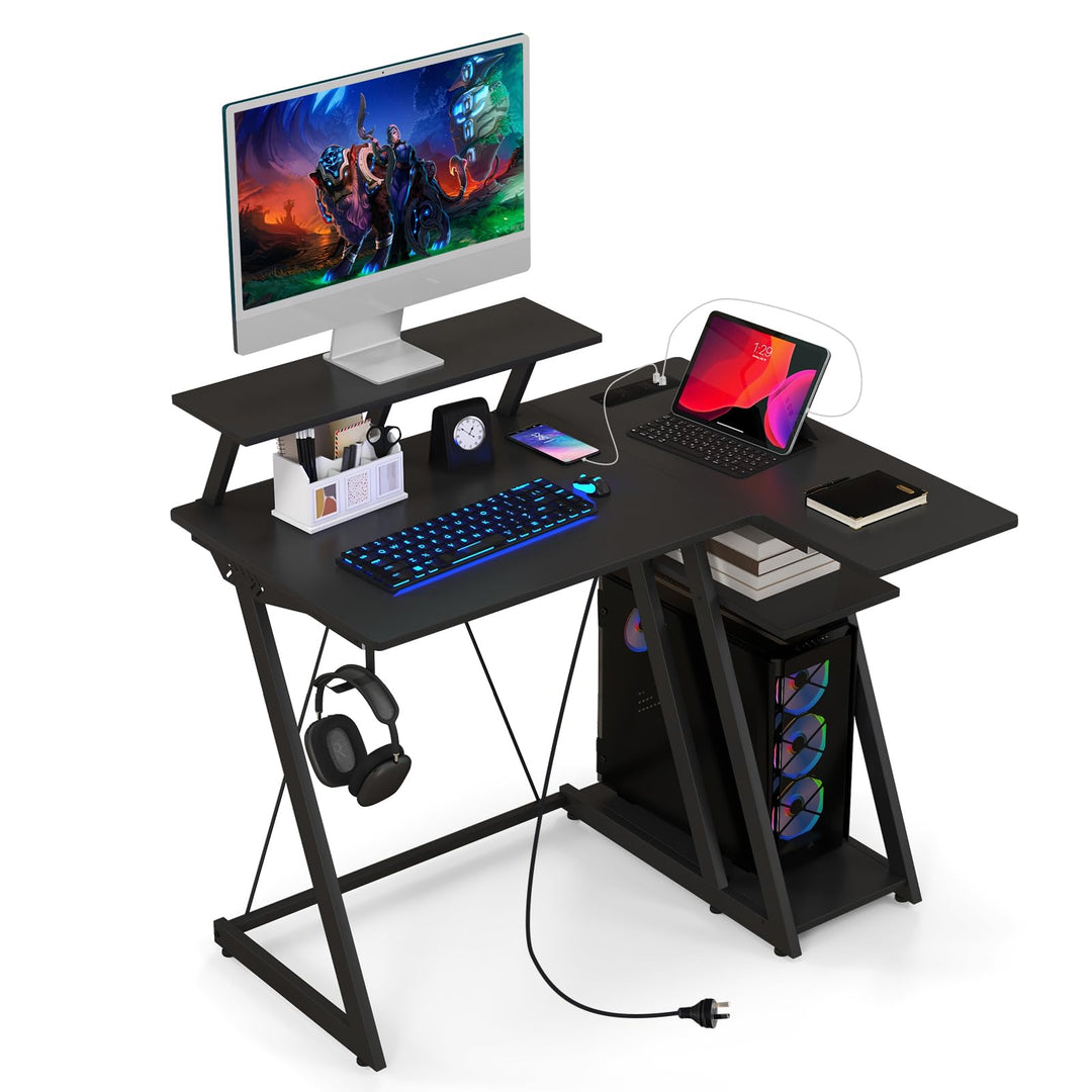 Giantex L Shaped Gaming Desk with Outlets &amp; USB Ports, Small Computer Desk with Monitor Shelf