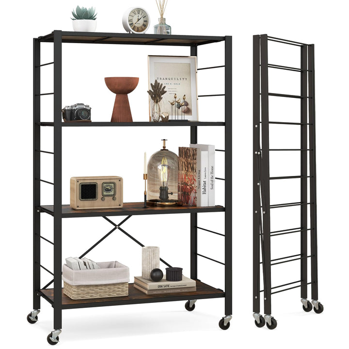 Giantex 4-Tier Folding Storage Shelf, Collapsible Shelving Unit w/Lockable Wheels &amp; Adjustable Shelf