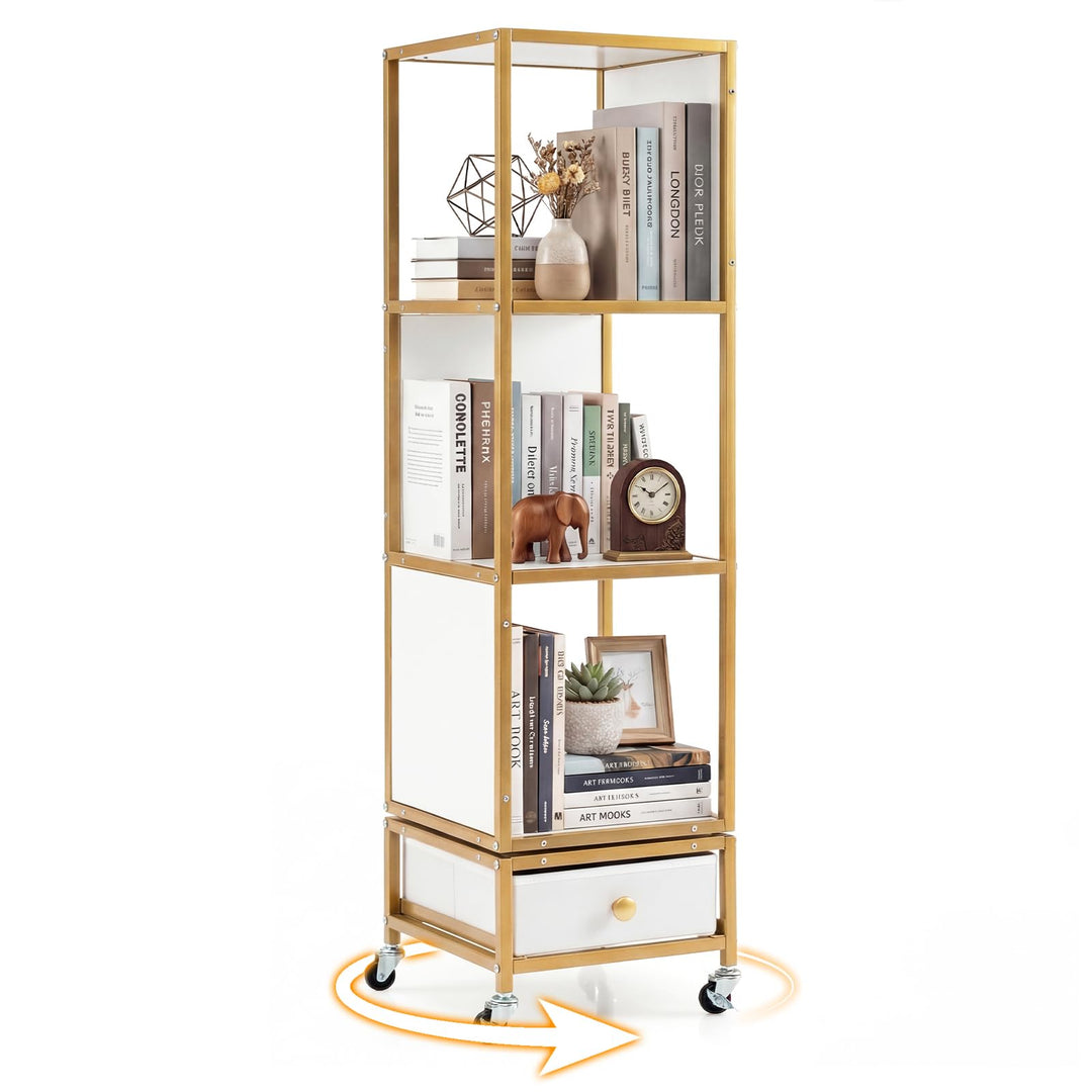Giantex 4-Tier Rotating Bookshelf | 360° Spinning Corner Book Shelf Tower W/Removable Fabric Storage Drawer