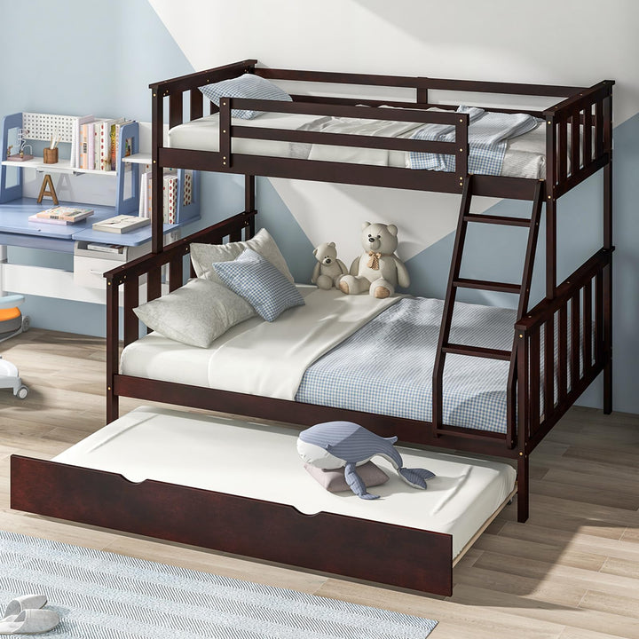 Giantex Twin Over Full Bunk Bed with Trundle, Reversible Ladder &amp; Safety Guardrails
