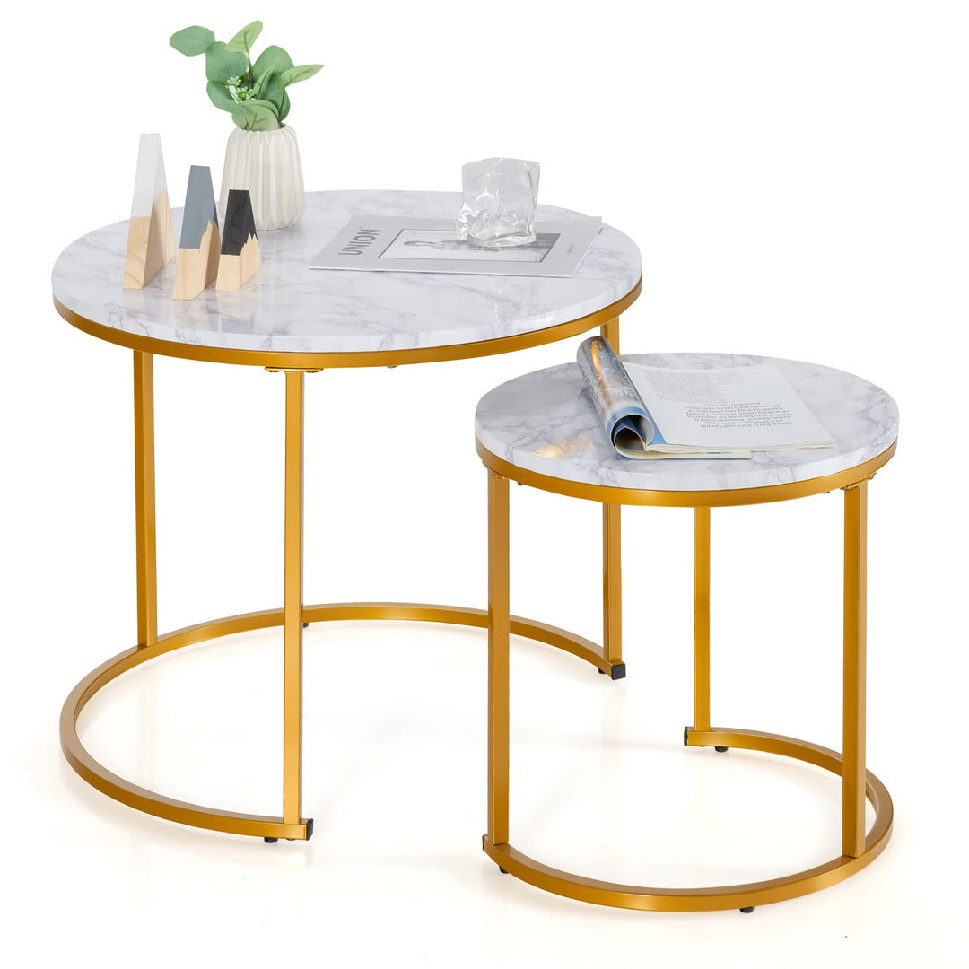 Giantex Nesting Coffee Table Set of 2, Round Stacking Side Tables with Wooden Tabletop &amp; Powder Coated Steel Frame