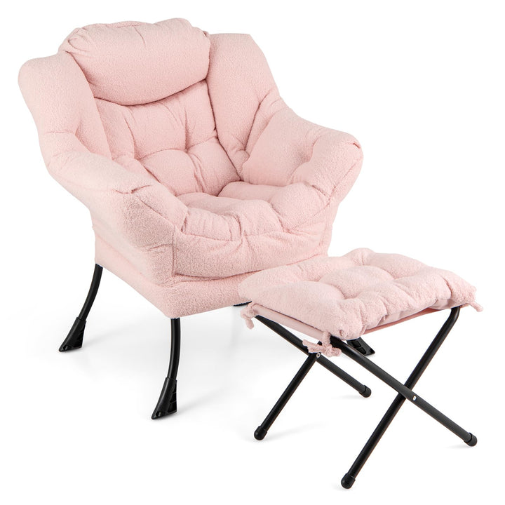 Giantex Set of 1/2 Lazy Chair with Folding Ottoman, Modern Sherpa Accent Chair w/Armrests &amp; Pocket