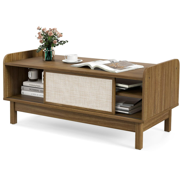 Giantex Coffee Table with Storage and Sliding Doors, Mid-Century Modern Coffee Table with Adjustable &amp; Removable Shelf