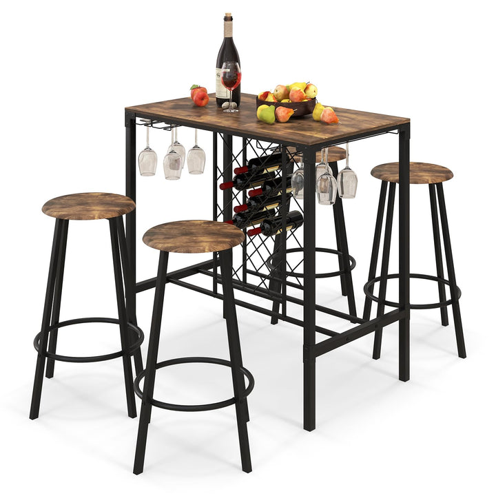 Giantex 5 Pieces Bar Table and Stools Set - Bar Height Table with Stools for 4, Kitchen Table Set with Wine Rack &amp; Glass Holder