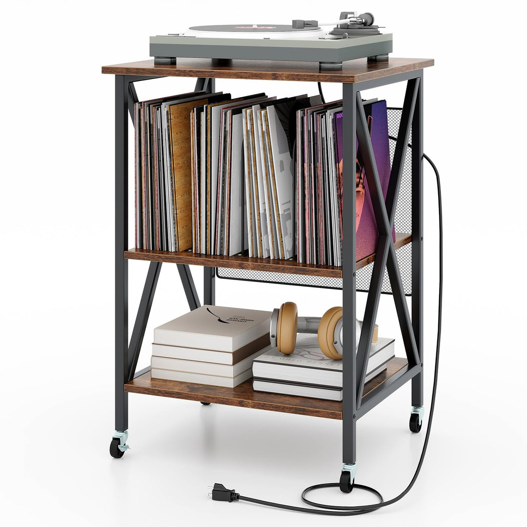 Giantex Record Player Stand with Charging Station, Turntable Stand with Record Storage &amp; 4 Rolling Wheels