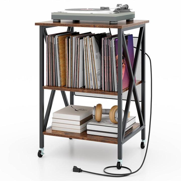Giantex Record Player Stand with Charging Station, Turntable Stand with Record Storage &amp; 4 Rolling Wheels