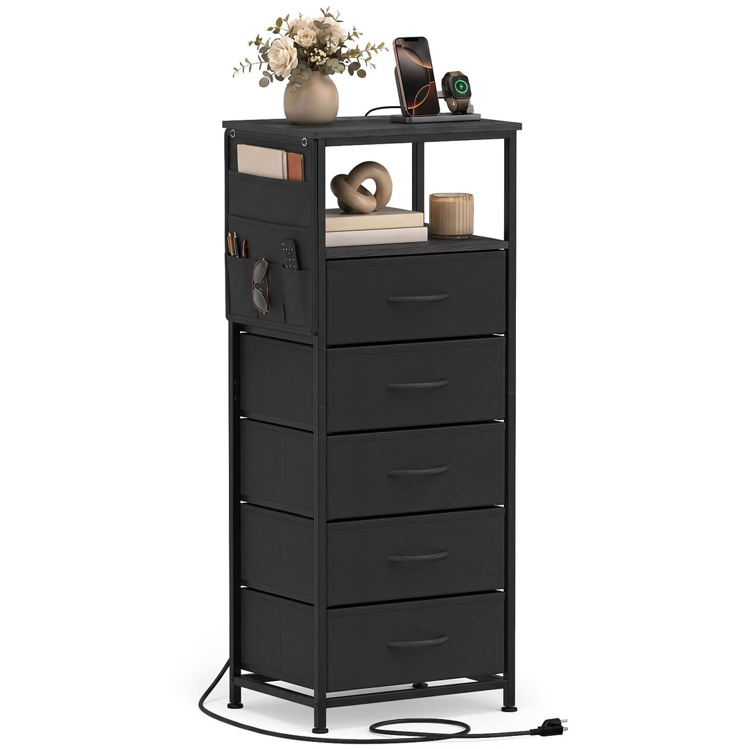 GIANTEX Modern 39" Bedside Table with Integrated Charging Station &amp; 5 Fabric Drawers (1/2)