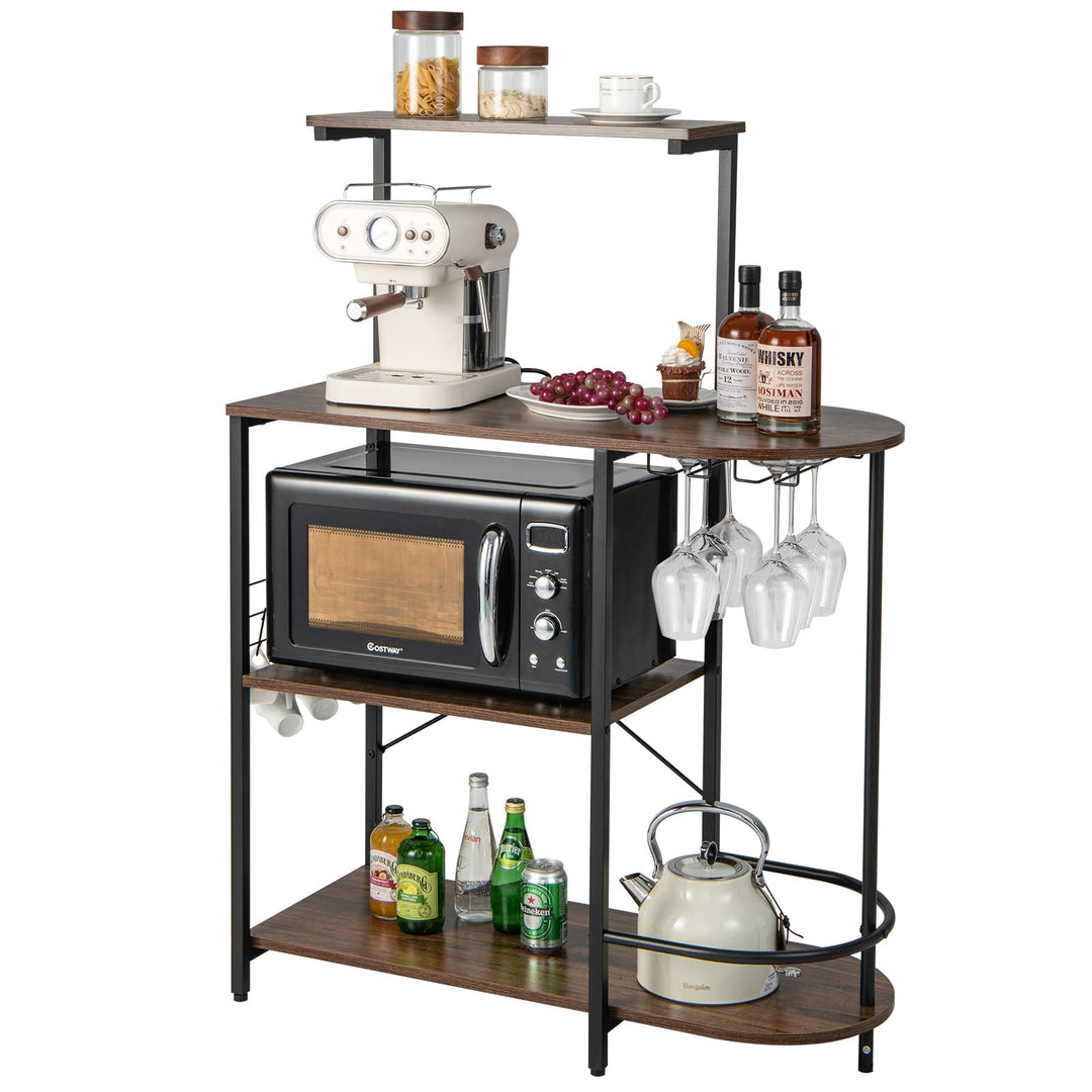 Giantex Kitchen Bakers Rack, 4-Tier Microwave Stand with 6 Hooks &amp; Stemware Racks (Rustic Brown)
