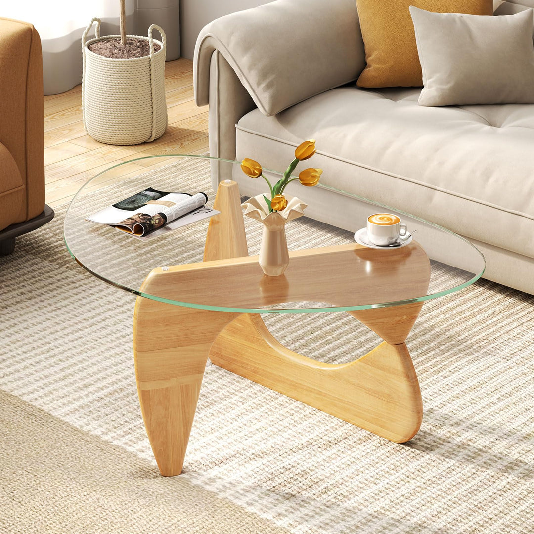 Giantex Triangle Glass Coffee Table, Solid Wood Tea Table with Tempered Glass Top &amp; Adjustable Base