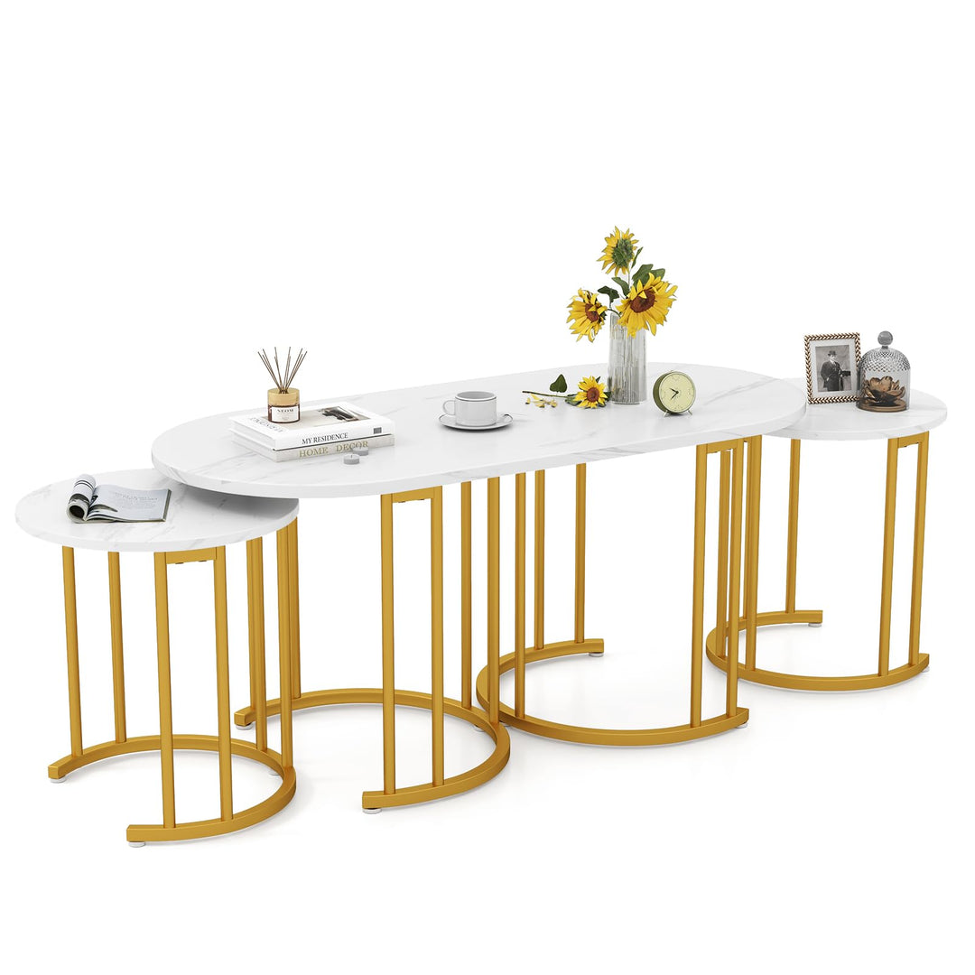 Giantex Nesting Coffee Table Set of 3, Stacking Side Tables with Faux Marble Tabletop &amp; Gold Metal Frame