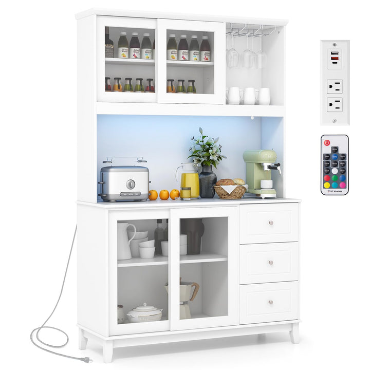 Giantex 73" Kitchen Pantry Storage Cabinet, Hutch Cabinet with LED Lights &amp; Power Outlet, Kitchen Buffet Cabinet w/Wine Glass Racks