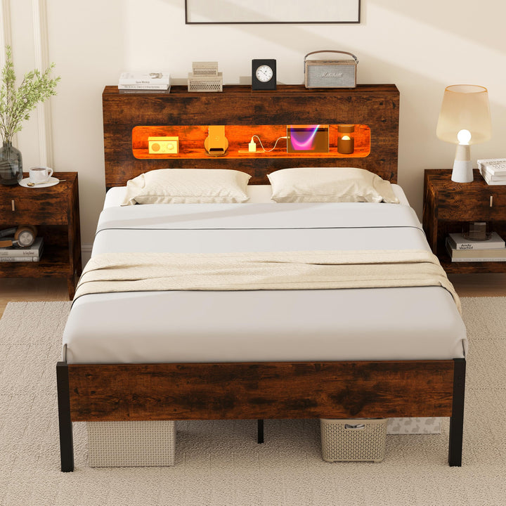 Giantex Full Size Bed Frame with LED Lights &amp; Charging Station