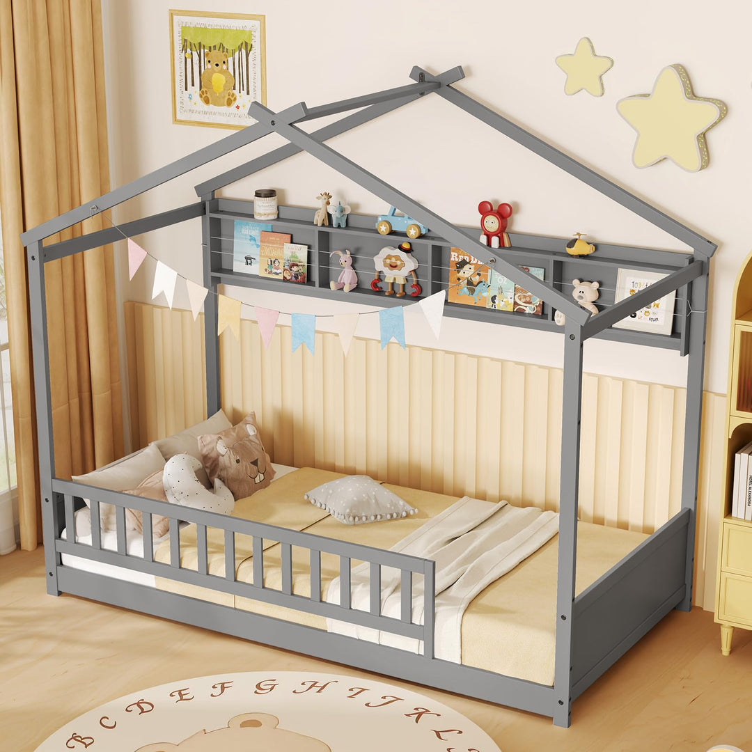 Giantex Twin Floor House Bed with Storage Shelf, Wood Twin Bed Frames with Headboard &amp; Guardrail
