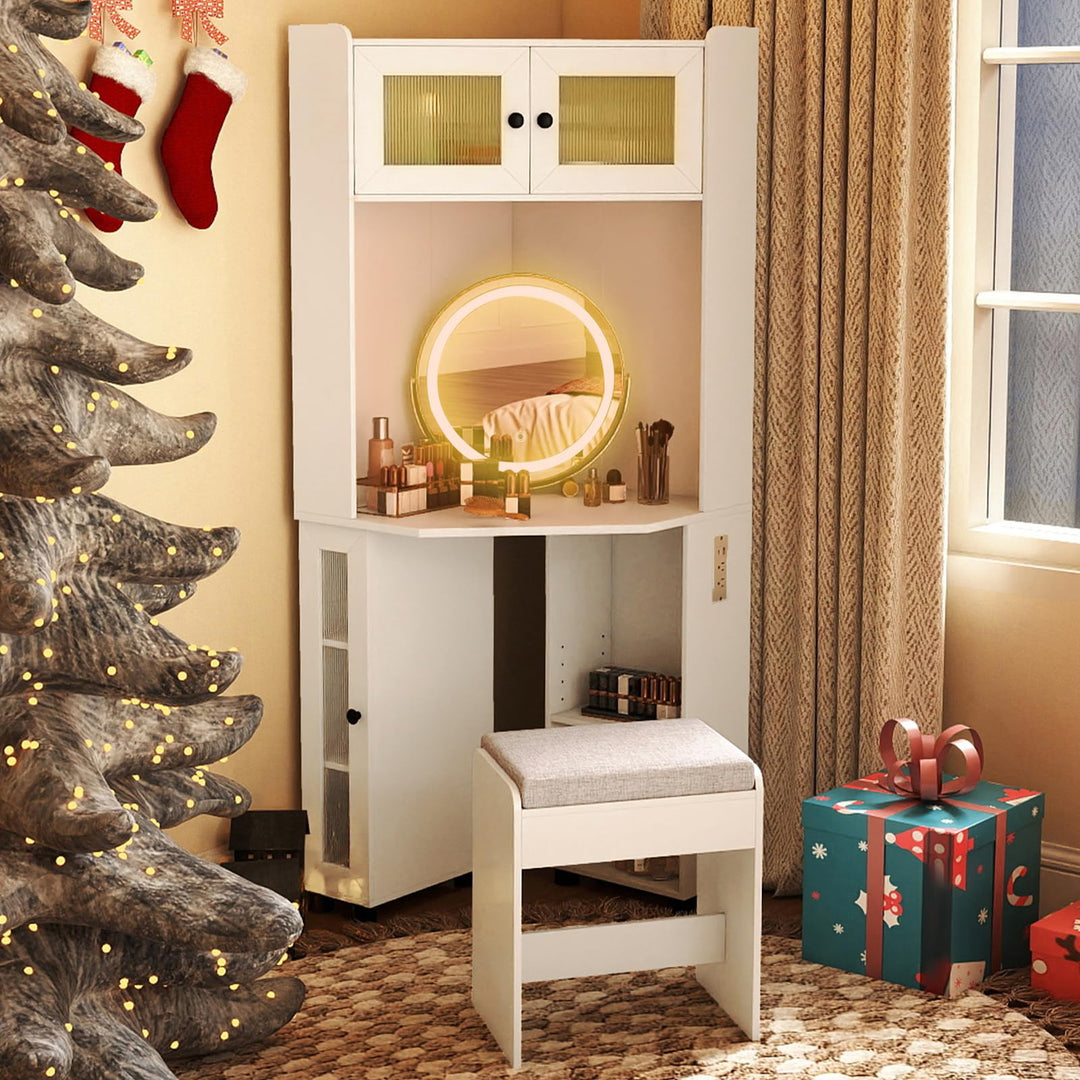 CHARMAID Corner Vanity Desk with LED Mirror &amp; Lighted Fluted Cabinet