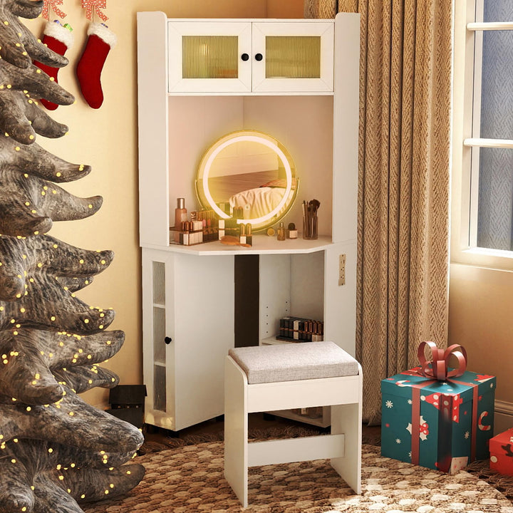 CHARMAID Corner Vanity Desk with LED Mirror &amp; Lighted Fluted Cabinet