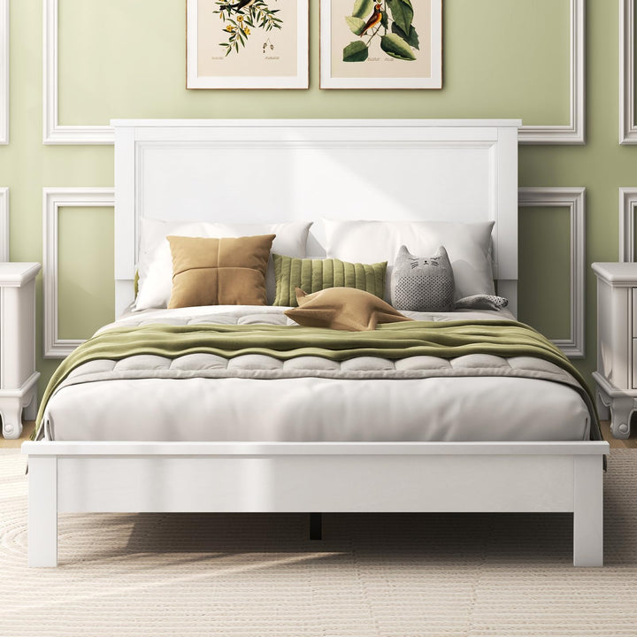 Queen/Full/Twin Size Platform Bed w/ Rubber Wood Legs &amp; Integrated Headboard | Wooden Bed Frame