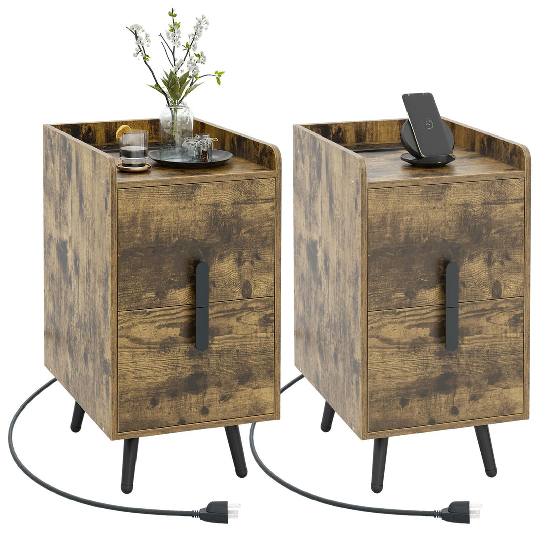 Giantex Nightstand with Charging Station, Narrow End Table with 2 Drawers &amp; Metal Gold Legs